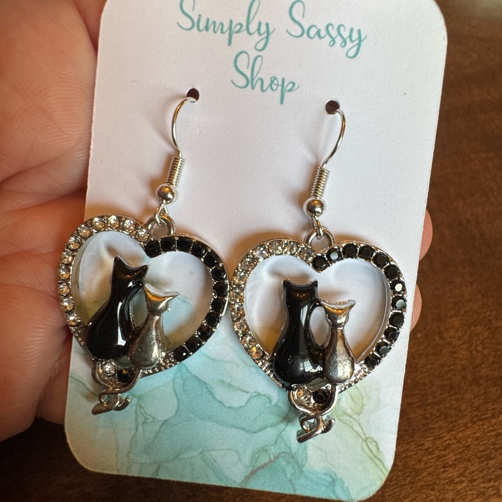 Black and Silver Cat  Heart Earrings